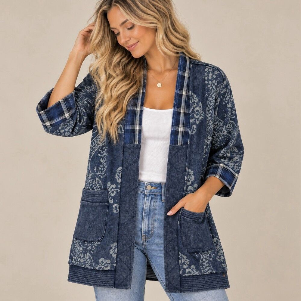 Pilcro Anthropologie Quilted Kimono Jacket Womens S/M Blue Paisley Open Front